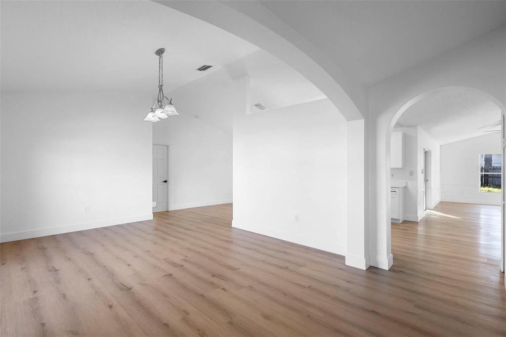 Empty room, Fireplace, Interior, Pendant Lights, Wood Texture Flooring