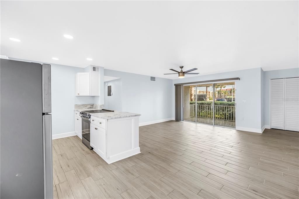 Empty room, Interior, Kitchen, Recessed Lighting, Wood Texture Flooring