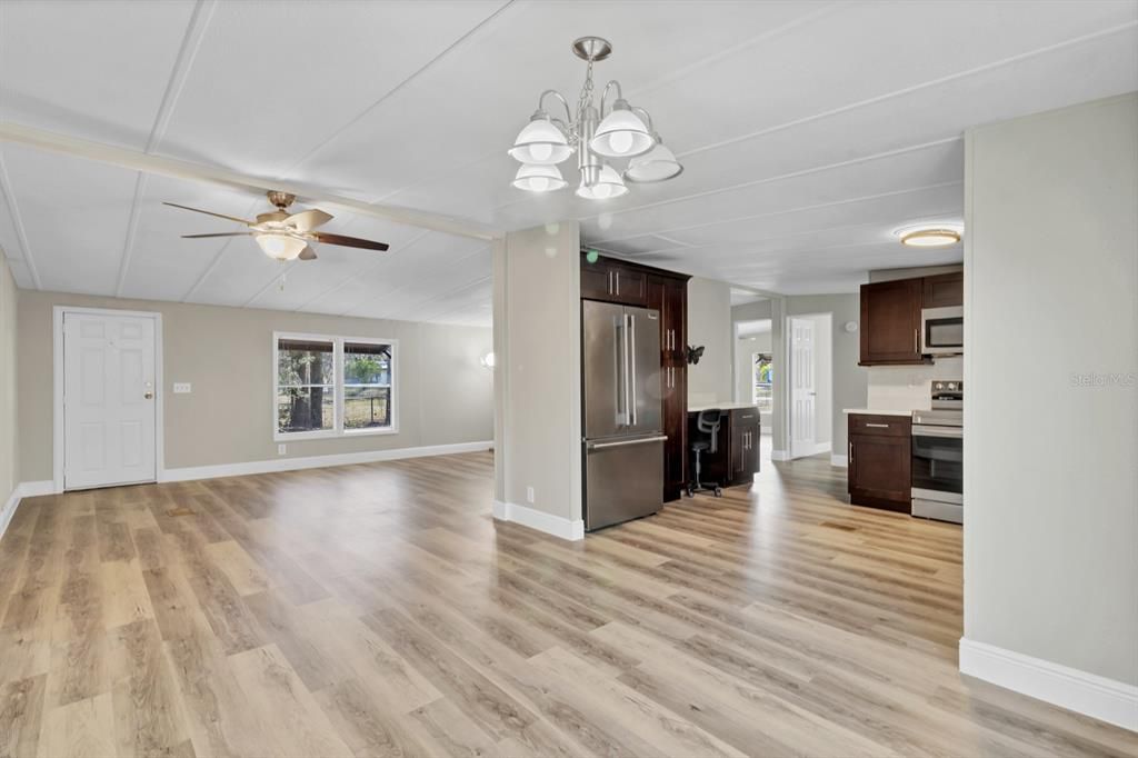 Chandelier, Empty room, Interior, Kitchen, Stainless Steel Appliances, Wood Texture Flooring