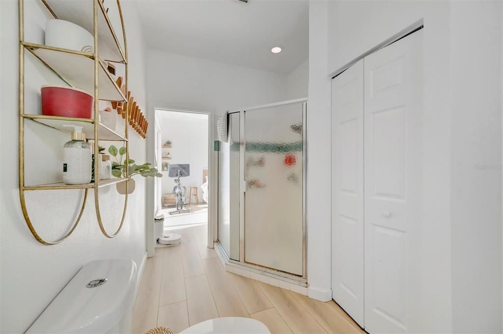 Bathroom, Glass Shower, Interior, Recessed Lighting, Wood Texture Flooring