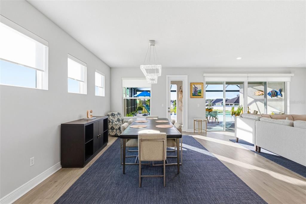 Chandelier, Dining room, Interior, Living room, Pendant Lights, Recessed Lighting, Wood Texture Flooring