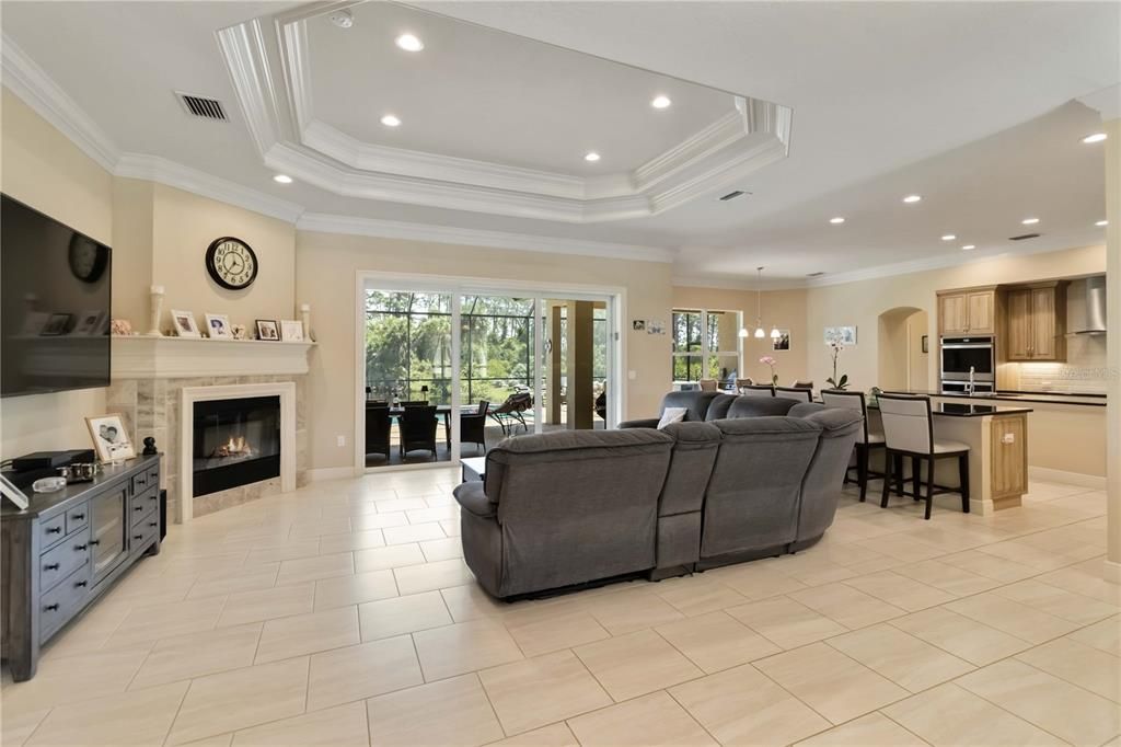 Fireplace, Interior, Kitchen, Living room, Pendant Lights, Recessed Lighting, Stainless Steel Appliances