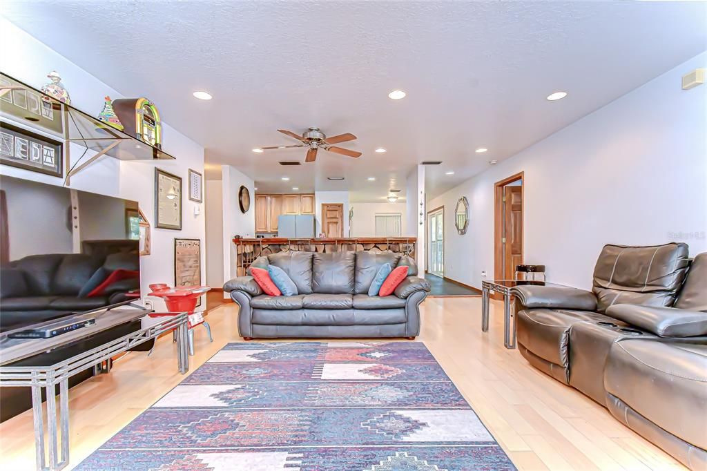 Home Theatre Room, Interior, Kitchen, Living room, Recessed Lighting, Wood Texture Flooring