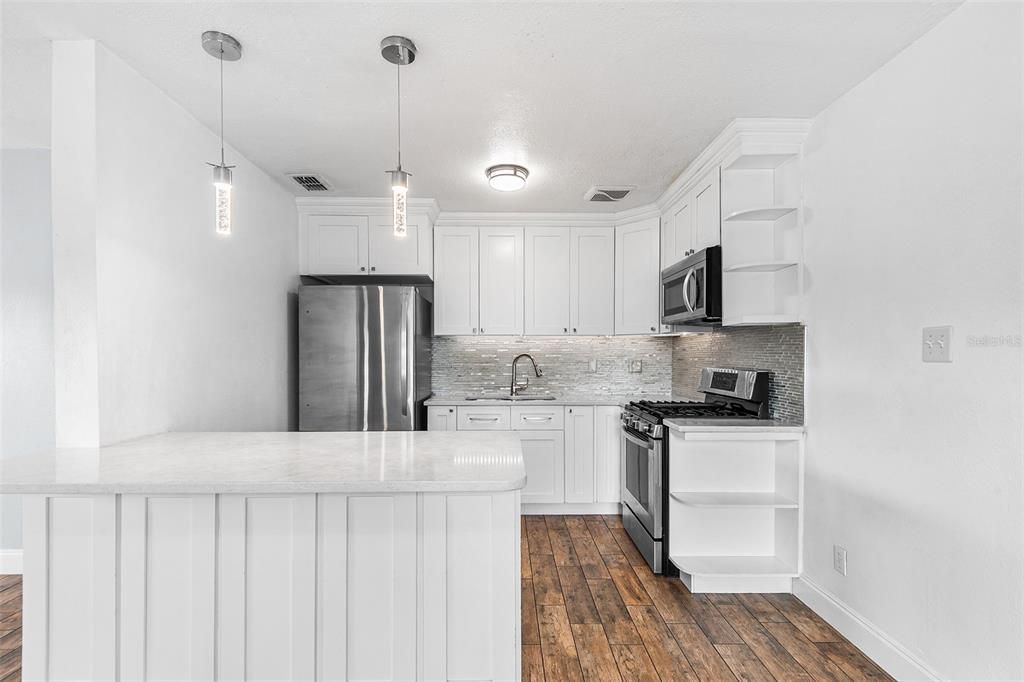 Interior, Kitchen, Pendant Lights, Stainless Steel Appliances, Wood Texture Flooring