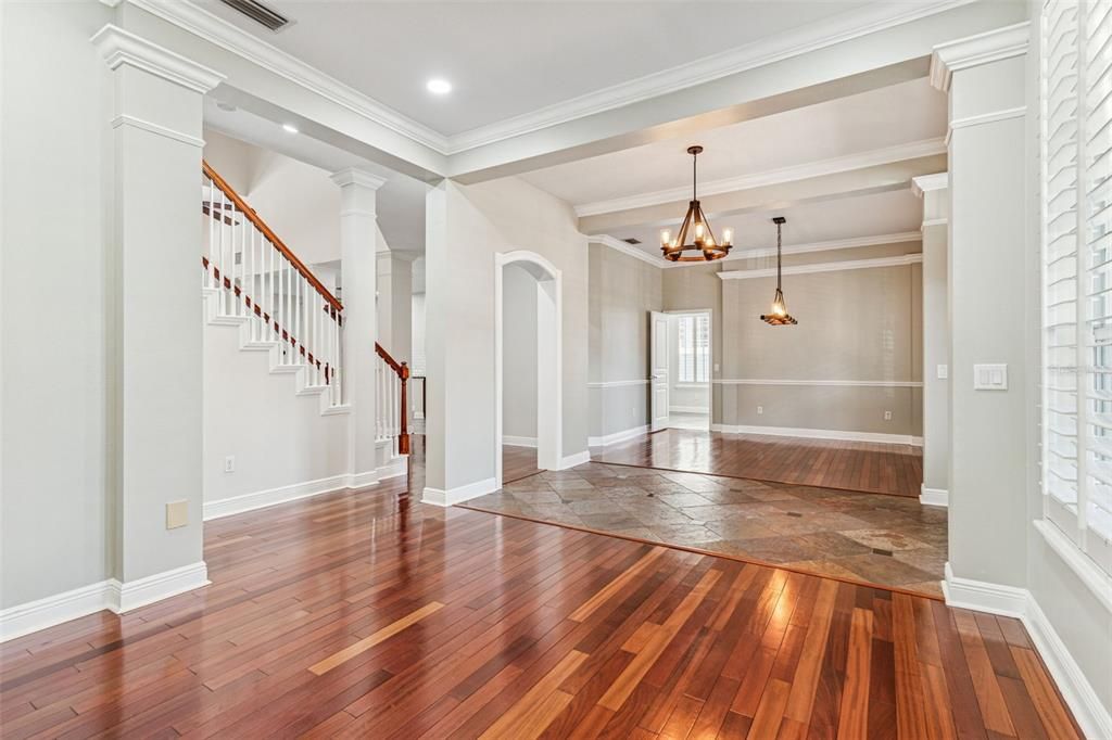 Chandelier, Empty room, Interior, Pendant Lights, Recessed Lighting, Wood Texture Flooring
