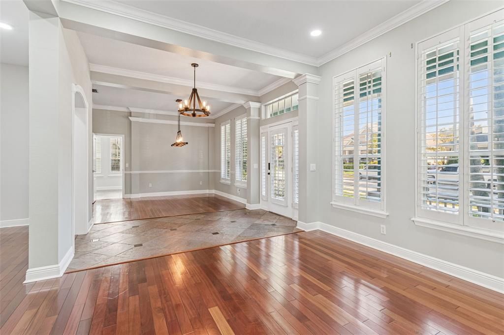 Chandelier, Empty room, Interior, Pendant Lights, Recessed Lighting, Wood Texture Flooring