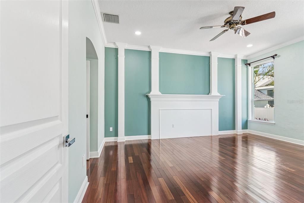 Empty room, Fireplace, Interior, Recessed Lighting, Wood Texture Flooring