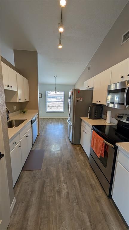 Interior, Kitchen, Pendant Lights, Stainless Steel Appliances, Wood Texture Flooring