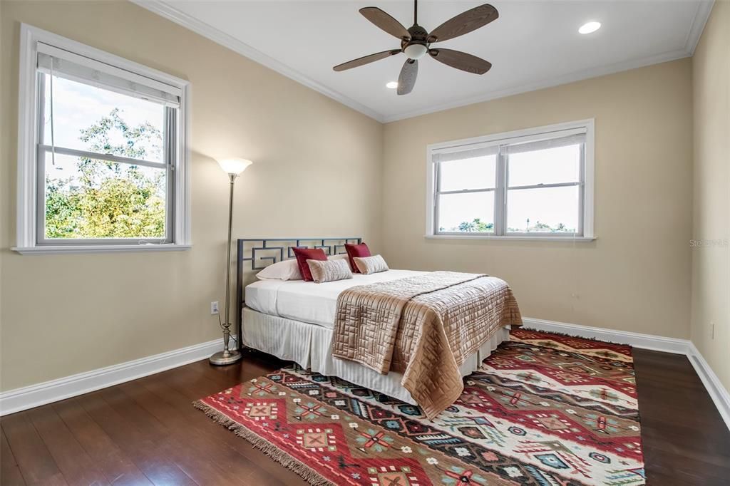 Bedroom, Interior, Recessed Lighting, Wood Texture Flooring