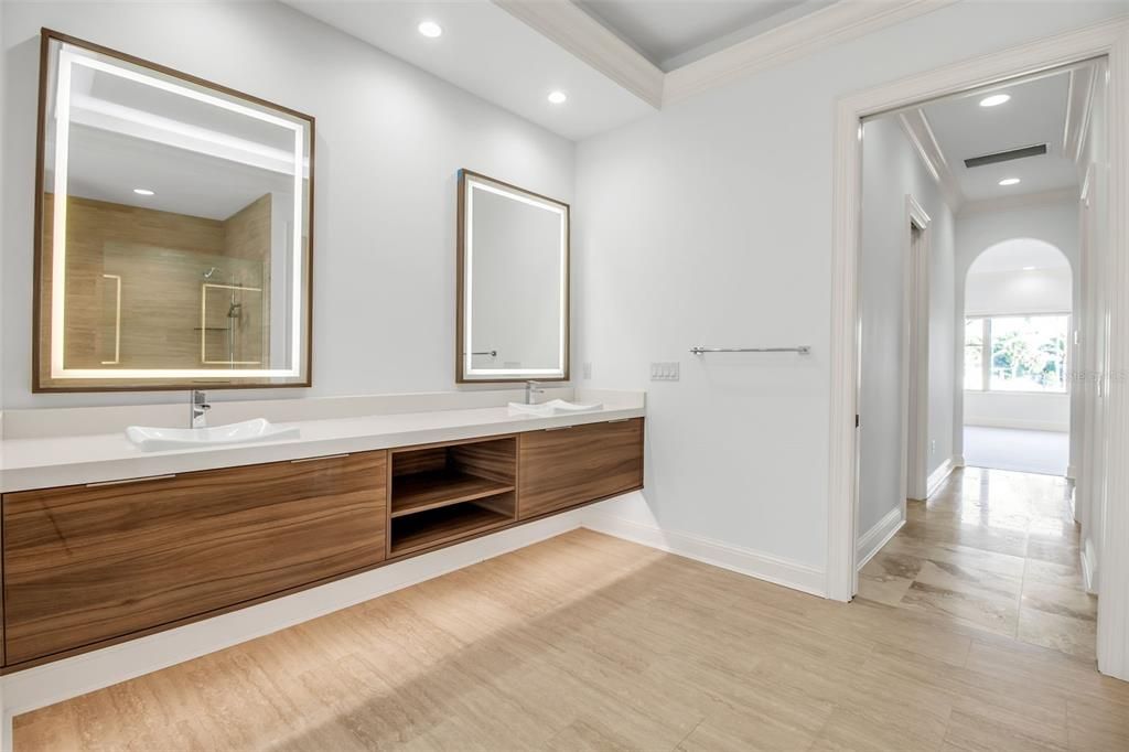 Bathroom, Dual Sink Vanities, Interior, Recessed Lighting, Wood Texture Flooring