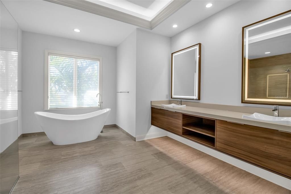 Bathroom, Dual Sink Vanities, Free Standing Baths, Interior, Recessed Lighting, Wood Texture Flooring
