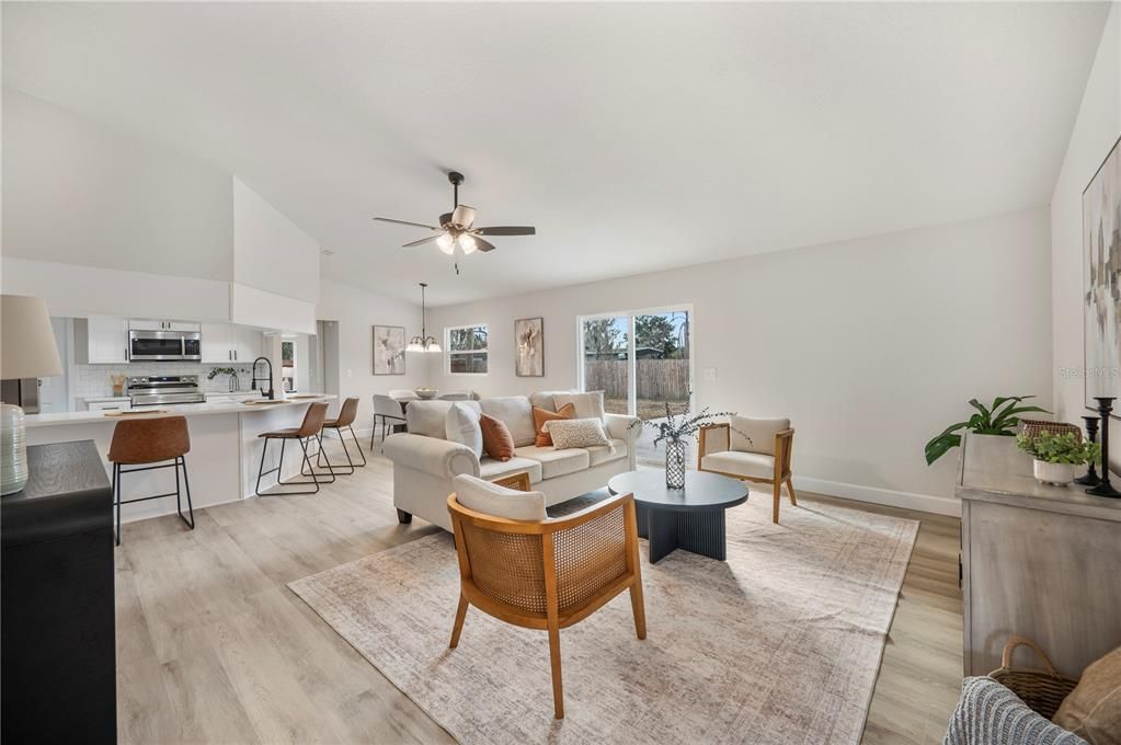 Dining room, Interior, Kitchen, Living room, Pendant Lights, Stainless Steel Appliances, Wood Texture Flooring