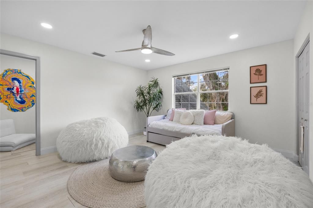 Bedroom, Interior, Recessed Lighting, Wood Texture Flooring