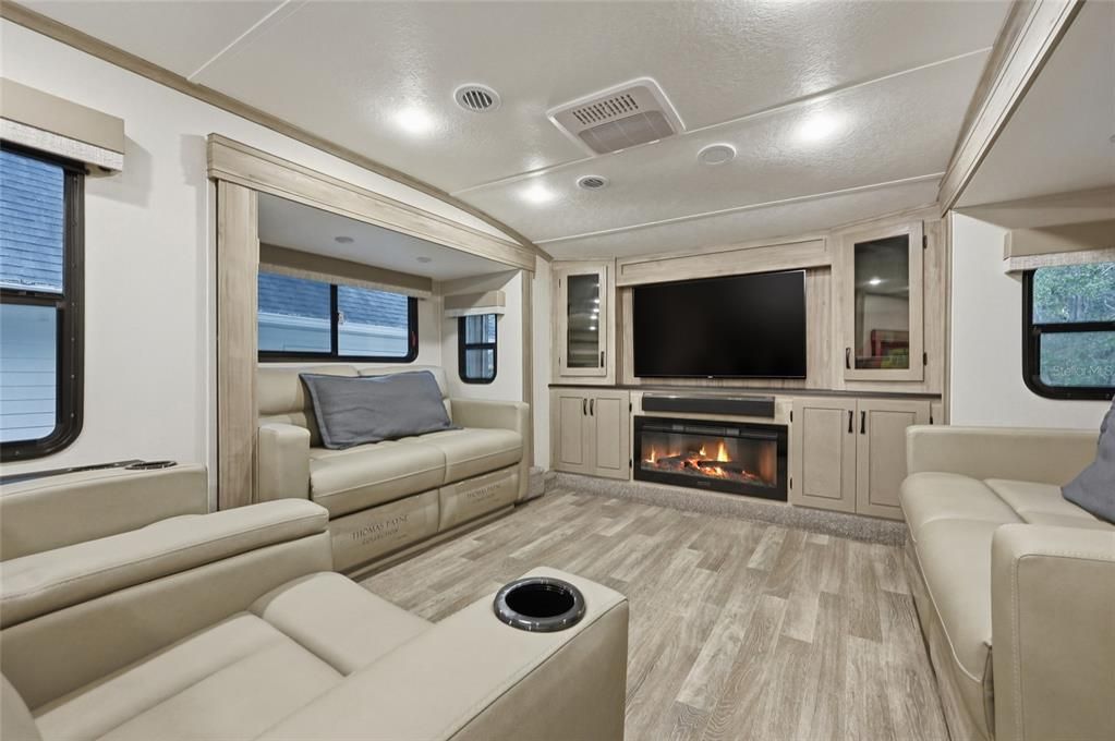 Fireplace, Interior, Living room, Recessed Lighting, Wood Texture Flooring