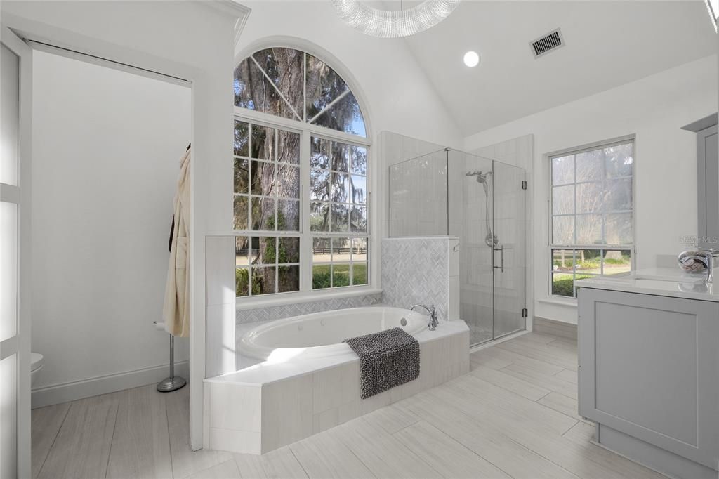Bathroom, Glass Shower, Interior, Recessed Lighting, Wood Texture Flooring