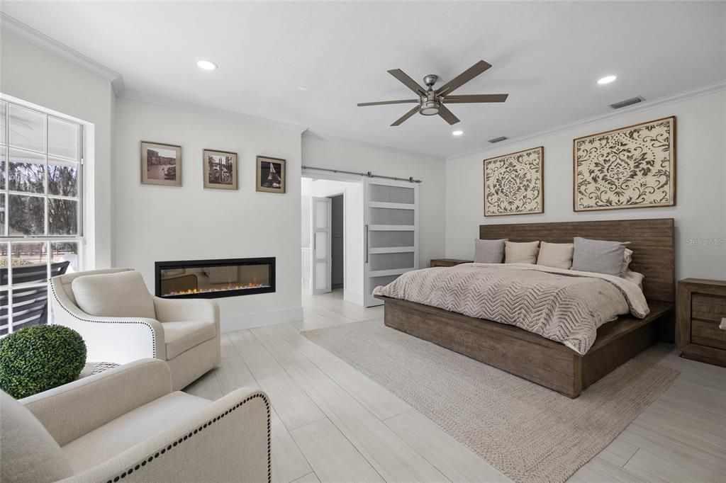 Bedroom, Fireplace, Interior, Recessed Lighting, Wood Texture Flooring