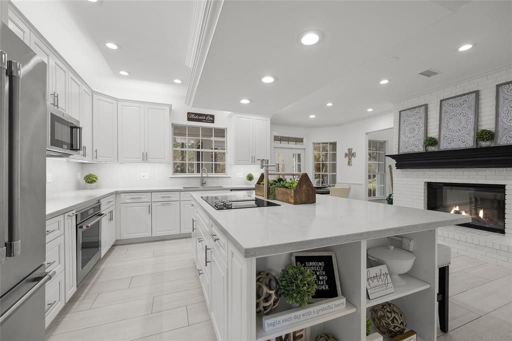 Fireplace, Interior, Kitchen, Recessed Lighting, Stainless Steel Appliances