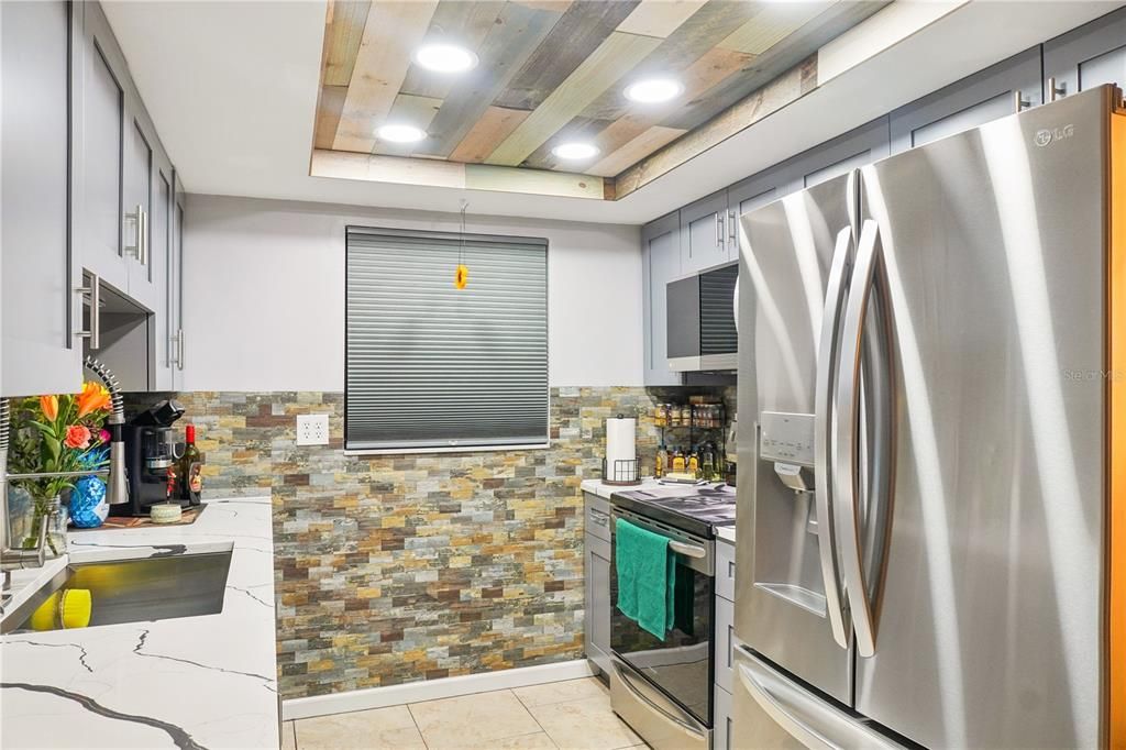 Interior, Kitchen, Recessed Lighting, Stainless Steel Appliances, Wooden Beams, Wooden Ceilings