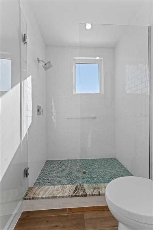 Bathroom, Glass Shower, Interior, Recessed Lighting, Wood Texture Flooring