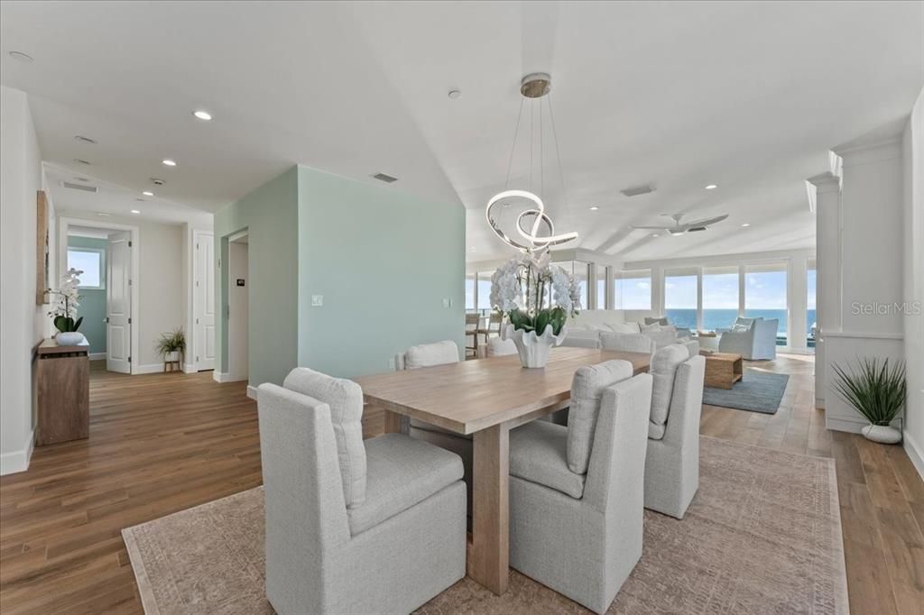 Dining room, Interior, Living room, Pendant Lights, Recessed Lighting, Water, Wood Texture Flooring