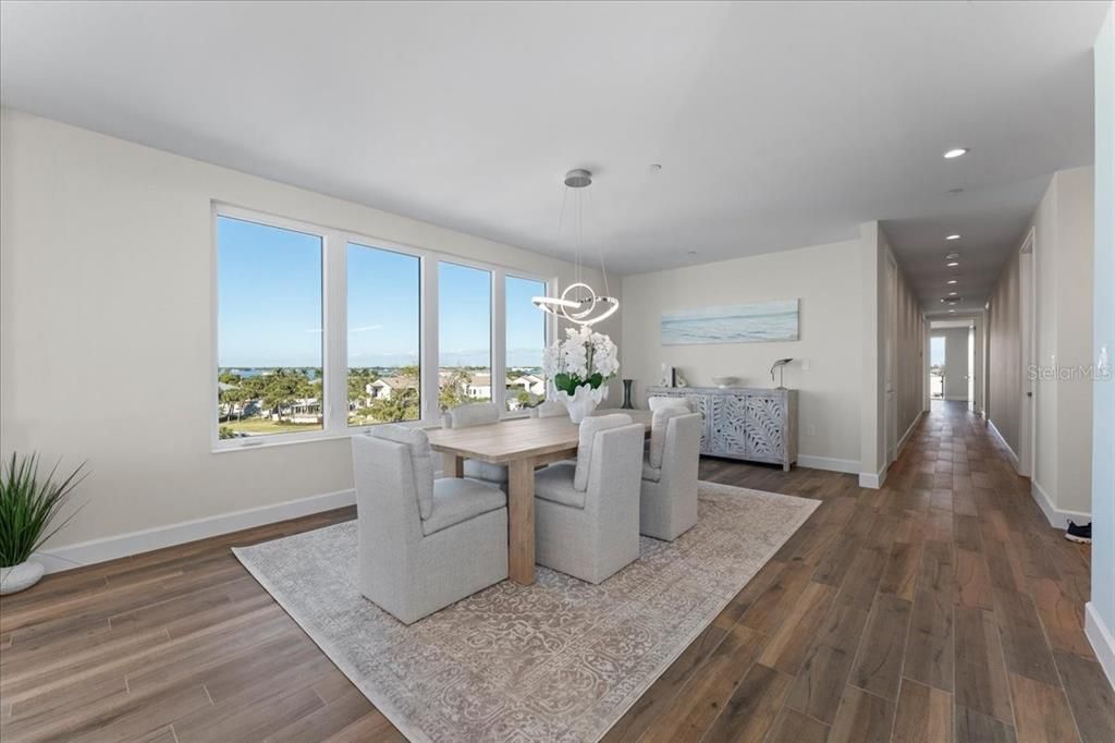 Dining room, Interior, Pendant Lights, Recessed Lighting, Water, Wood Texture Flooring