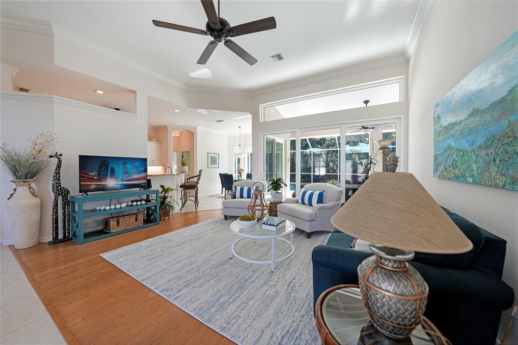 Dining room, Interior, Living room, Recessed Lighting, Wood Texture Flooring