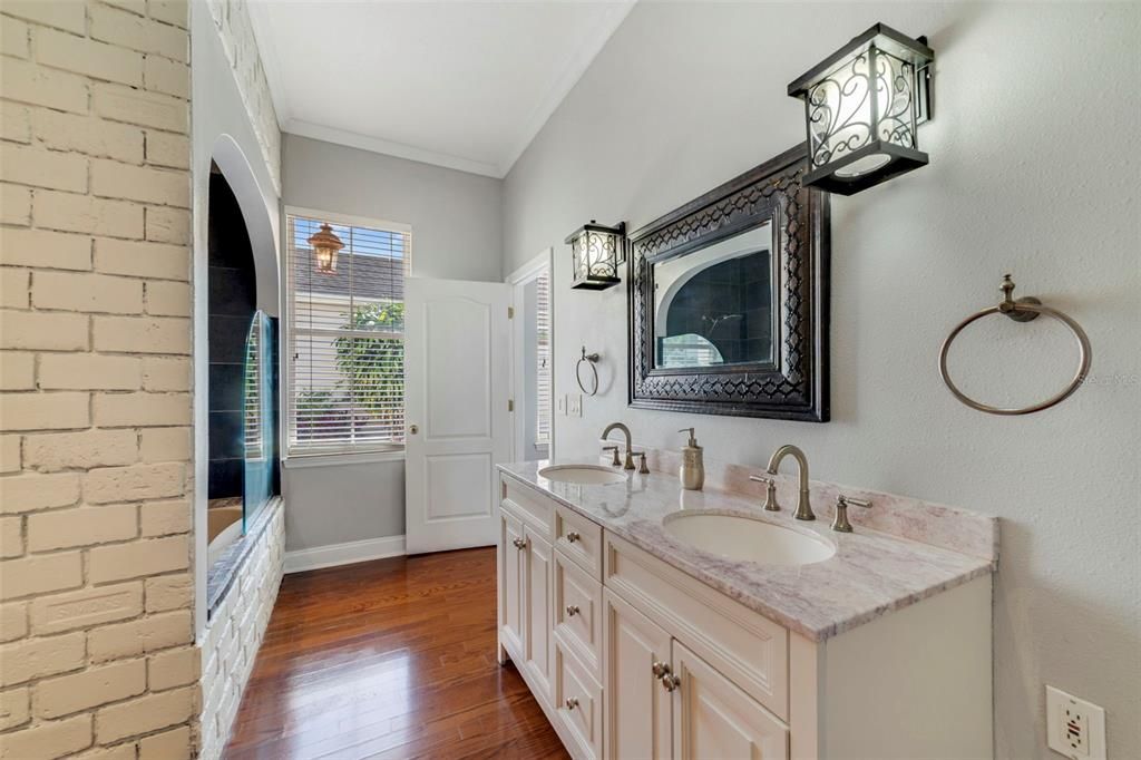 Bathroom, Dual Sink Vanities, Interior, Stone Walls, Wood Texture Flooring