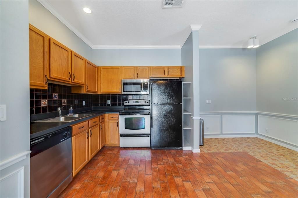 Interior, Kitchen, Recessed Lighting, Stainless Steel Appliances, Wood Texture Flooring