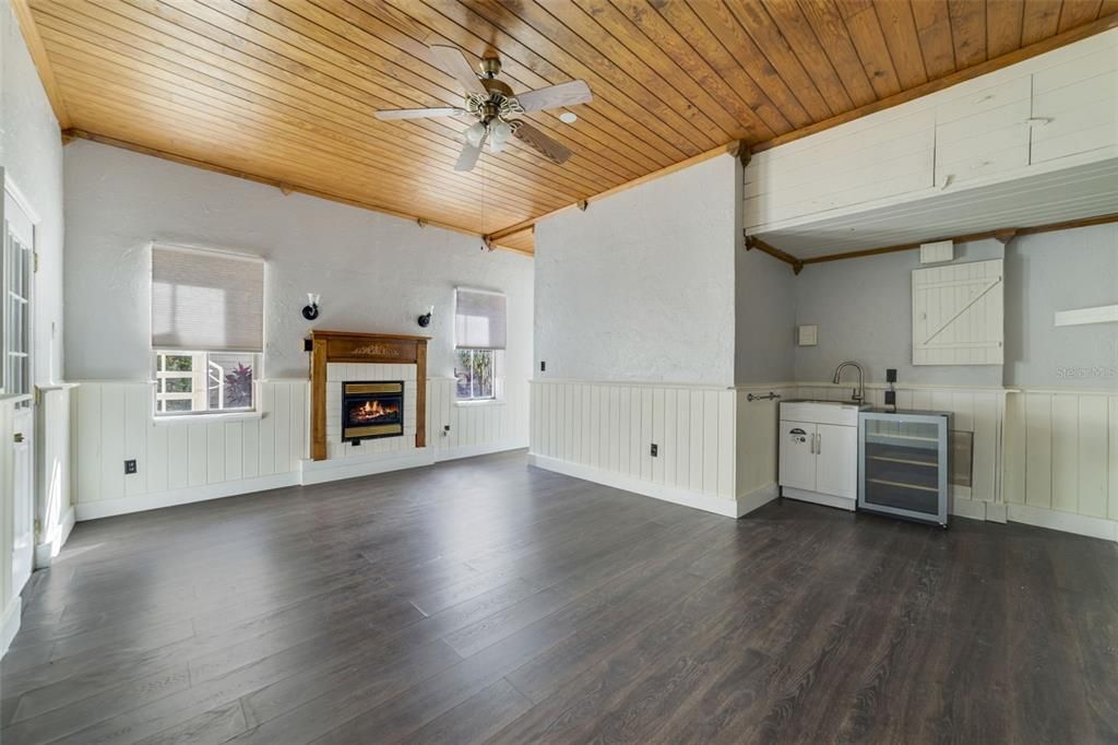 Empty room, Fireplace, Interior, Wooden Ceilings, Wood Texture Flooring