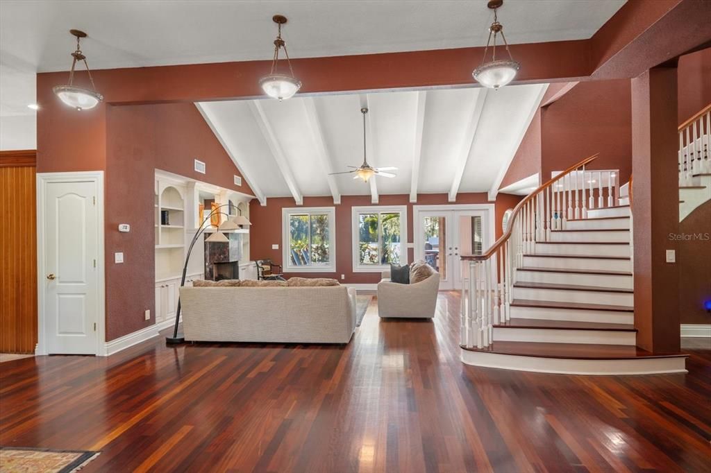 Fireplace, Interior, Living room, Pendant Lights, Wood Texture Flooring
