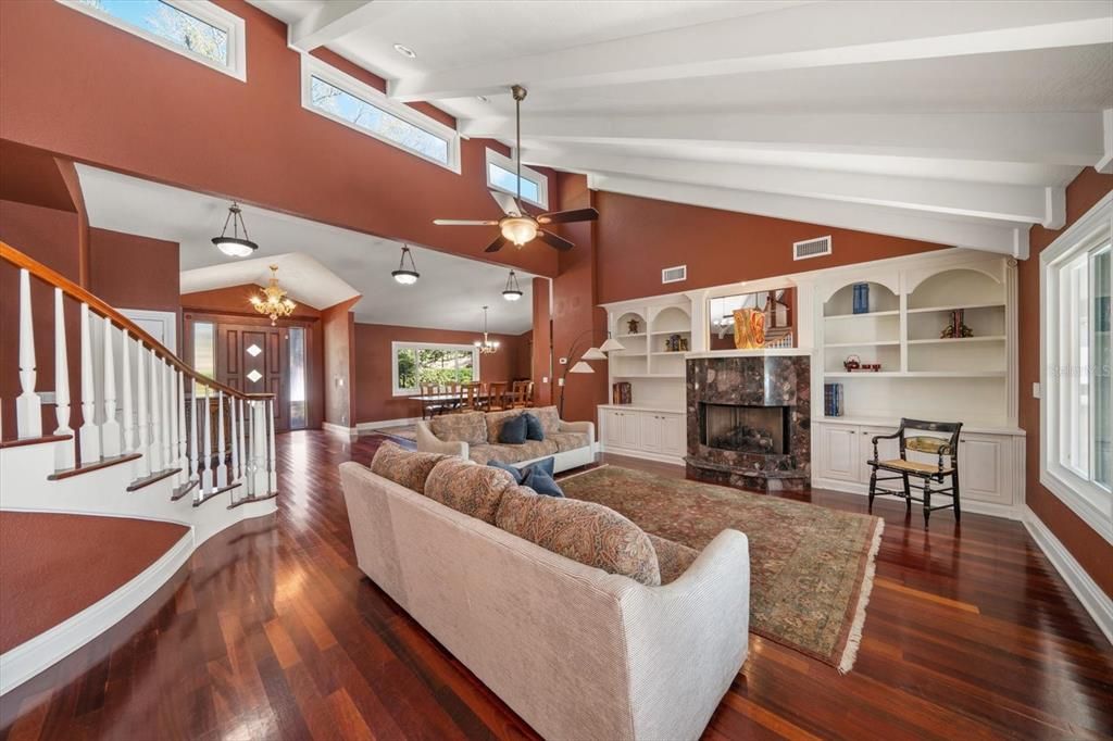 Dining room, Fireplace, Interior, Living room, Pendant Lights, Wood Texture Flooring
