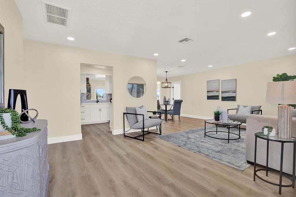 Dining room, Interior, Living room, Pendant Lights, Recessed Lighting, Wood Texture Flooring