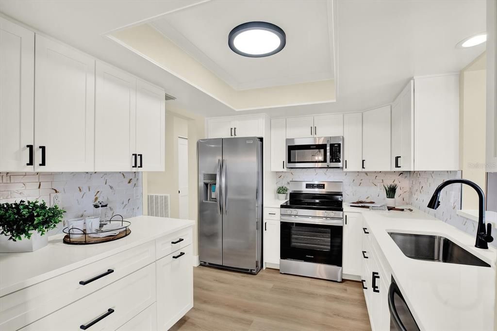 Interior, Kitchen, Recessed Lighting, Stainless Steel Appliances, Wood Texture Flooring