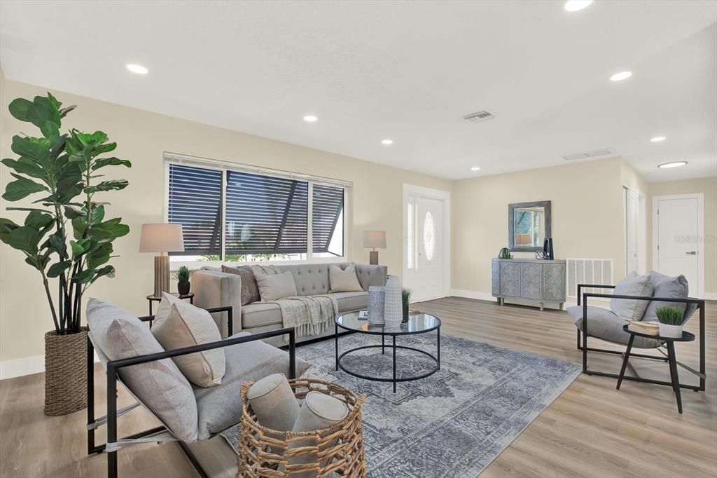 Interior, Living room, Recessed Lighting, Wood Texture Flooring