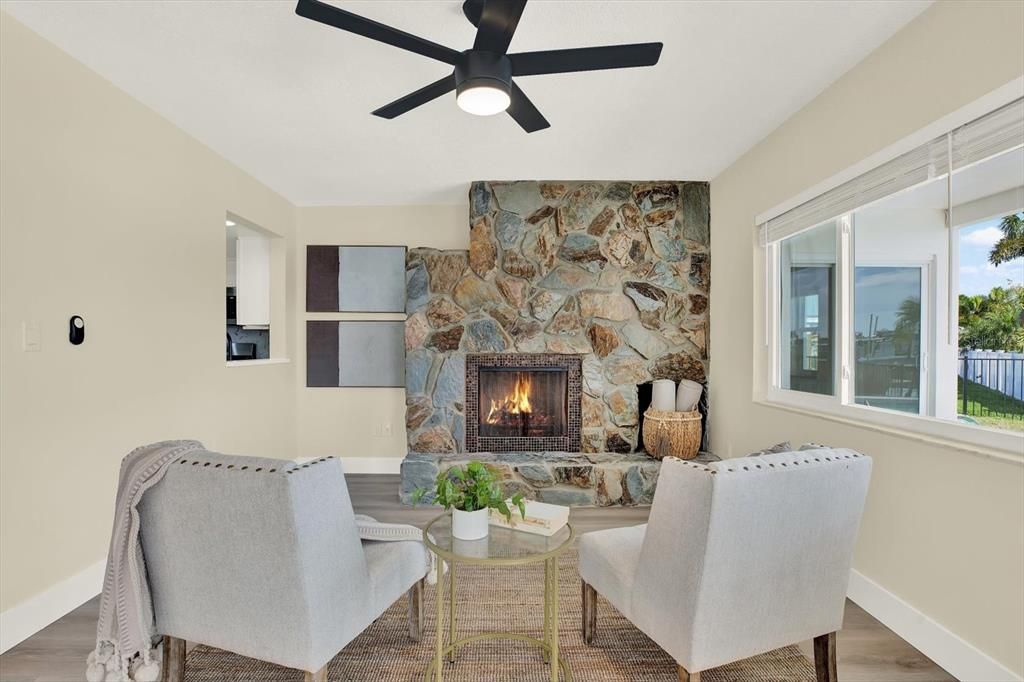 Fireplace, Interior, Living room, Stone Walls, Wood Texture Flooring