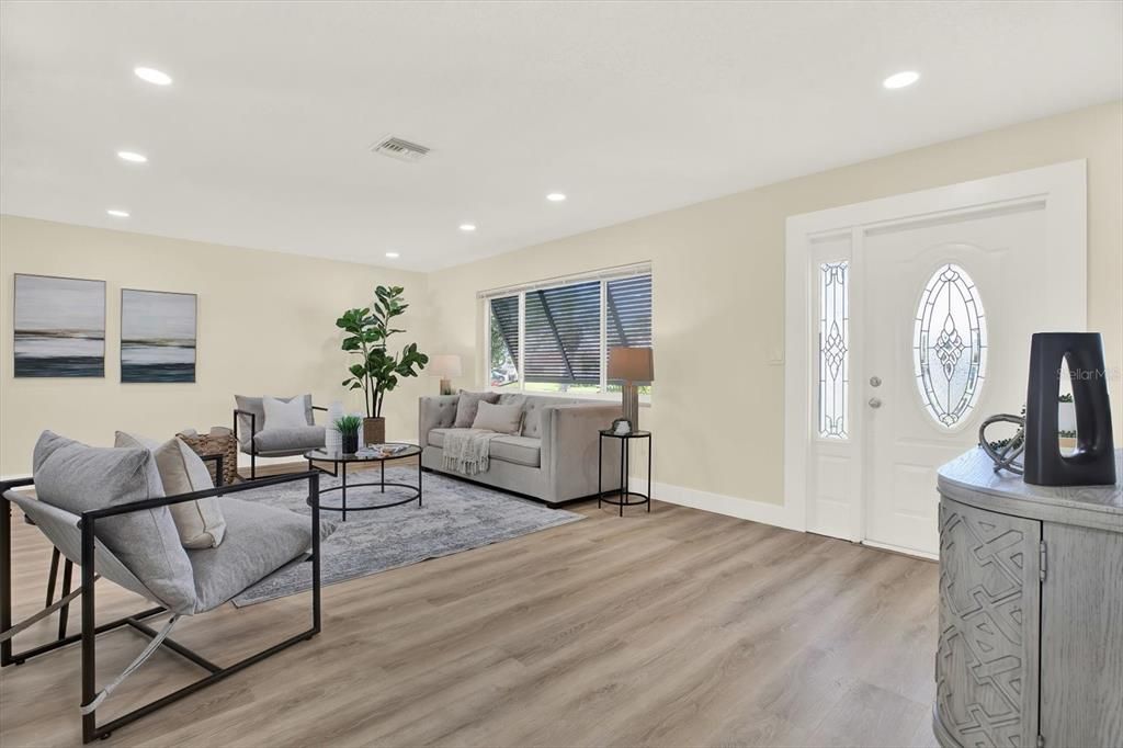 Interior, Living room, Recessed Lighting, Wood Texture Flooring