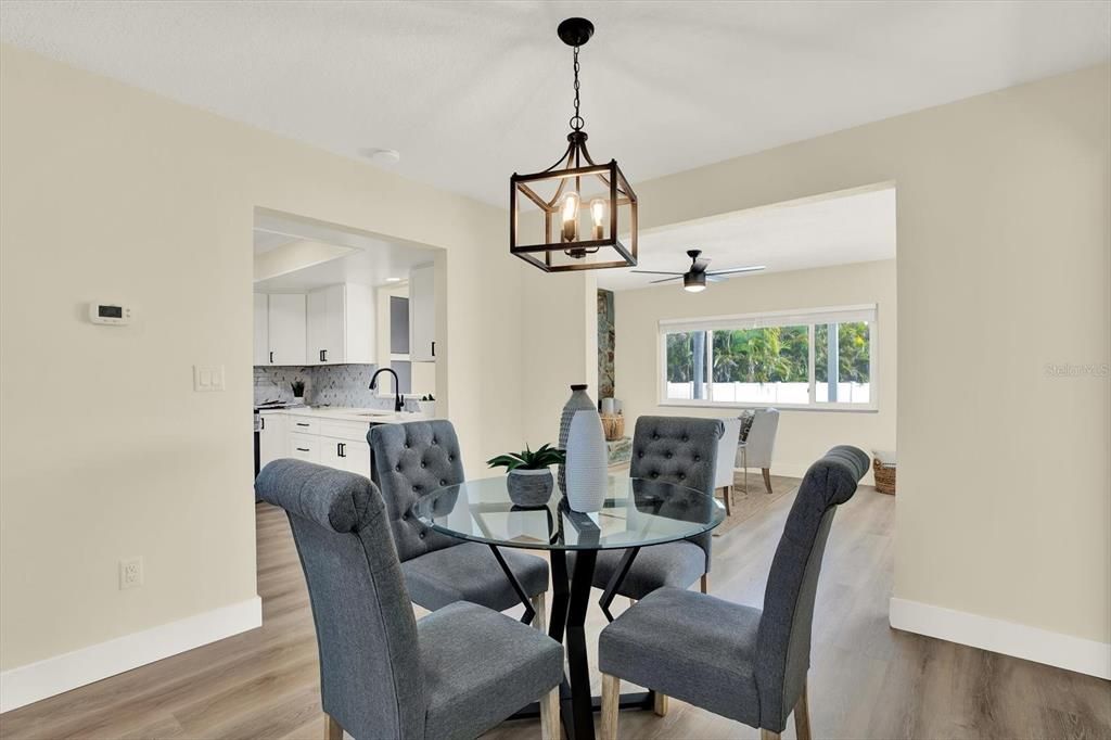Dining room, Interior, Pendant Lights, Wood Texture Flooring