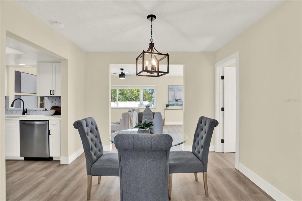 Dining room, Interior, Kitchen, Pendant Lights, Wood Texture Flooring