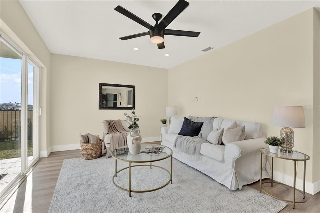 Interior, Living room, Recessed Lighting, Wood Texture Flooring