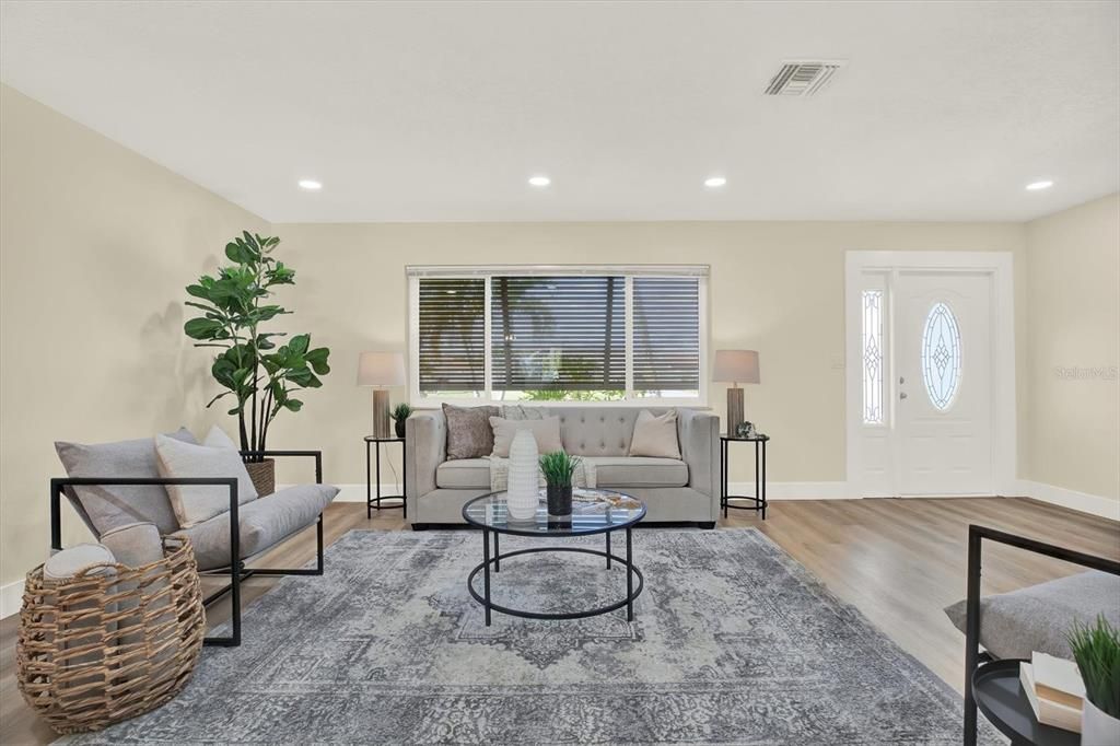 Interior, Living room, Recessed Lighting, Wood Texture Flooring