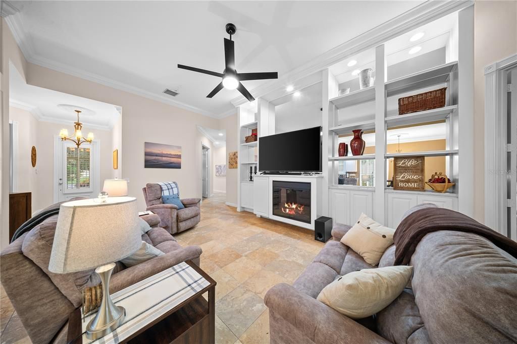 Chandelier, Fireplace, Interior, Living room, Recessed Lighting