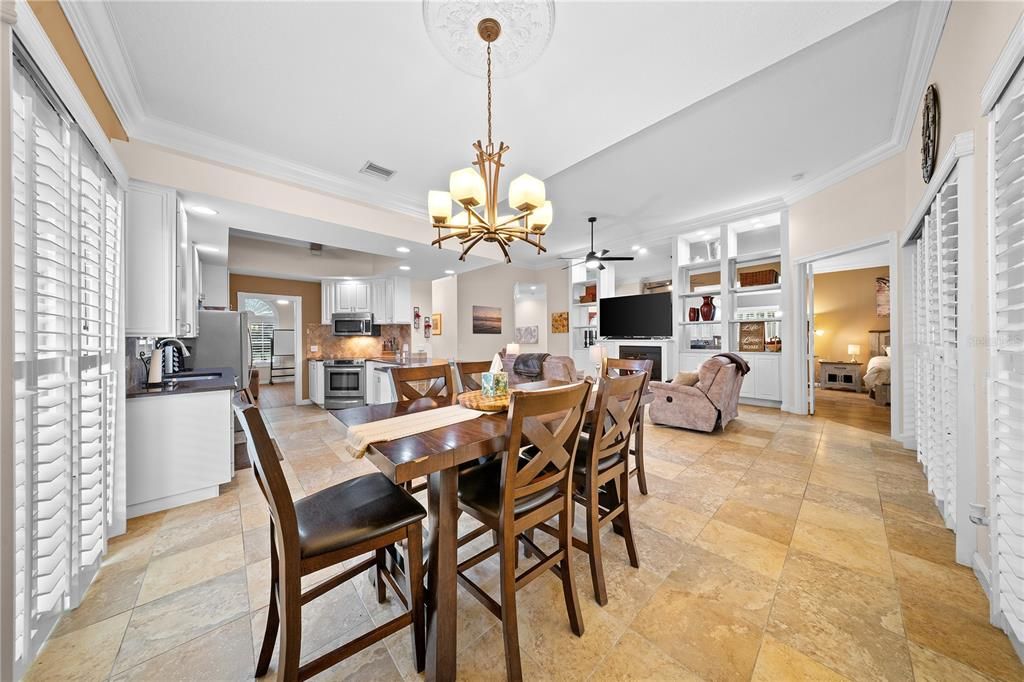 Chandelier, Dining room, Interior, Kitchen, Living room, Pendant Lights, Recessed Lighting, Stainless Steel Appliances