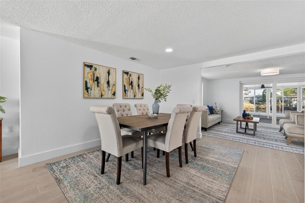Dining room, Interior, Recessed Lighting, Wood Texture Flooring