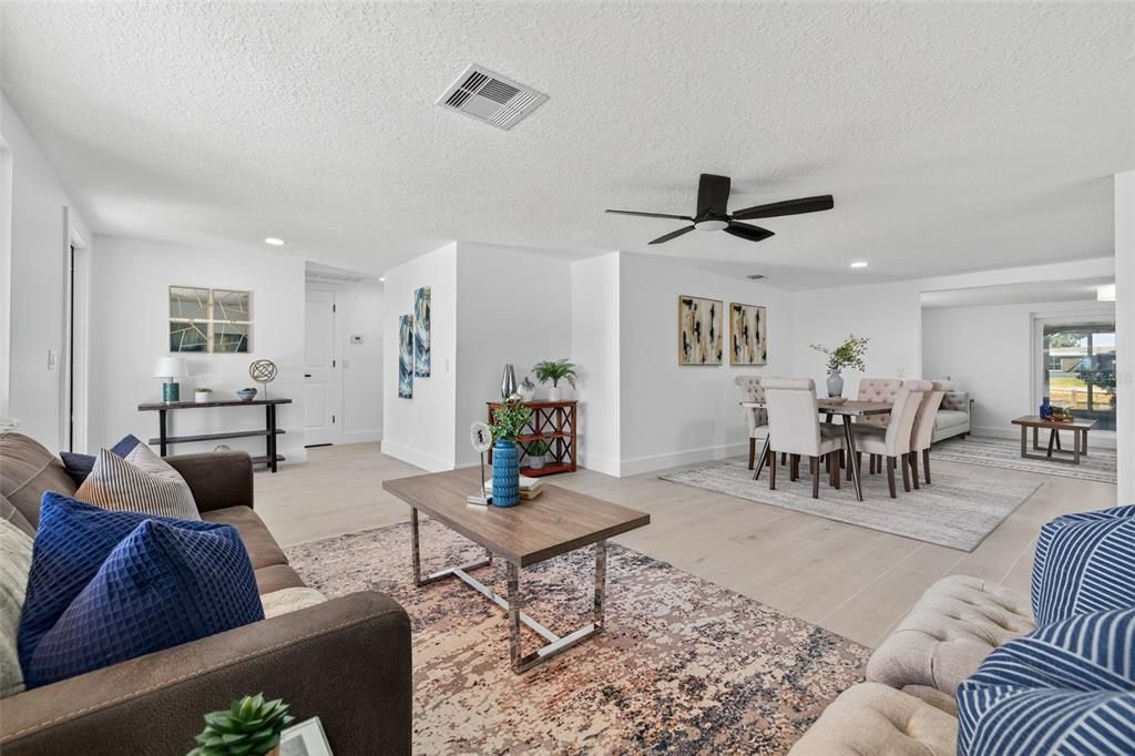 Dining room, Interior, Living room, Recessed Lighting, Wood Texture Flooring
