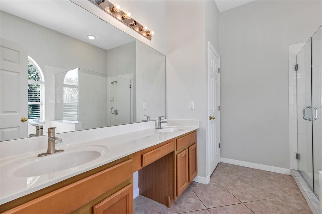 Bathroom, Dual Sink Vanities, Glass Shower, Interior, Recessed Lighting