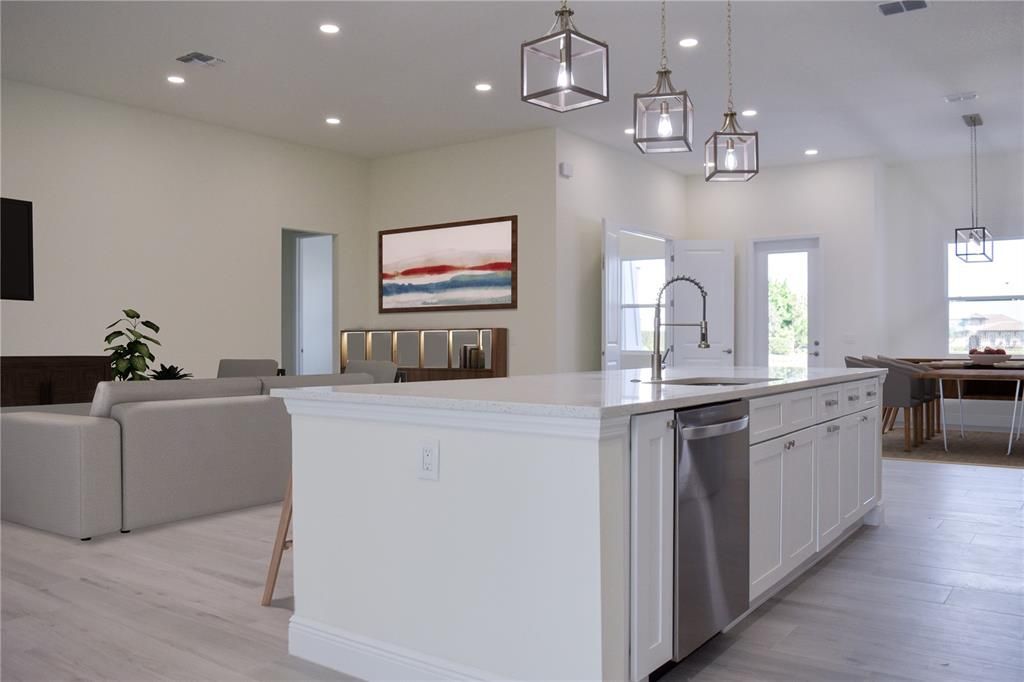 Dining room, Interior, Kitchen, Living room, Pendant Lights, Recessed Lighting, Stainless Steel Appliances, Wood Texture Flooring