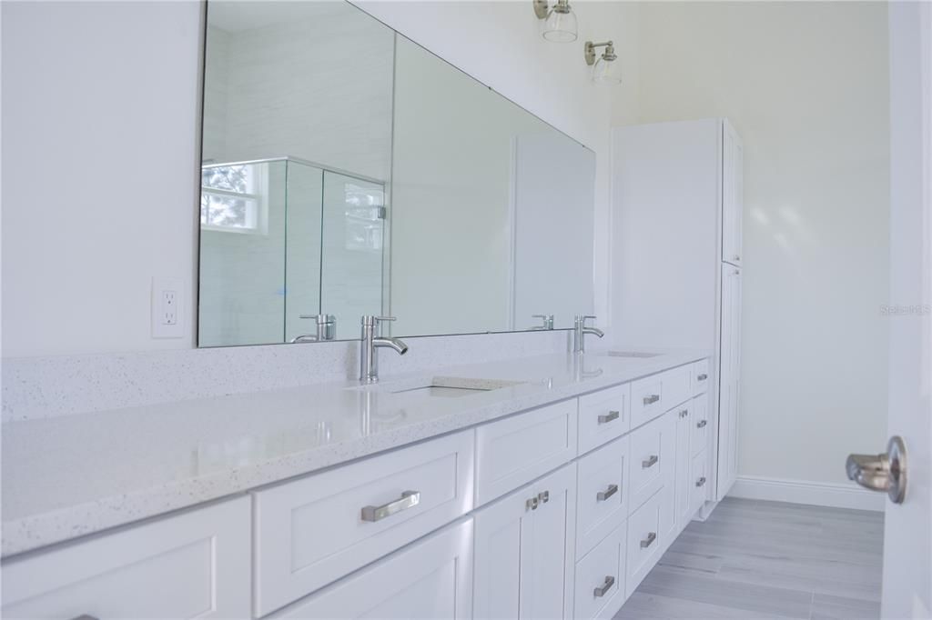 Bathroom, Dual Sink Vanities, Glass Shower, Interior, Wood Texture Flooring