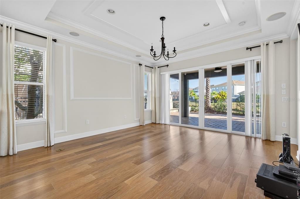 Chandelier, Empty room, Interior, Recessed Lighting, Wood Texture Flooring