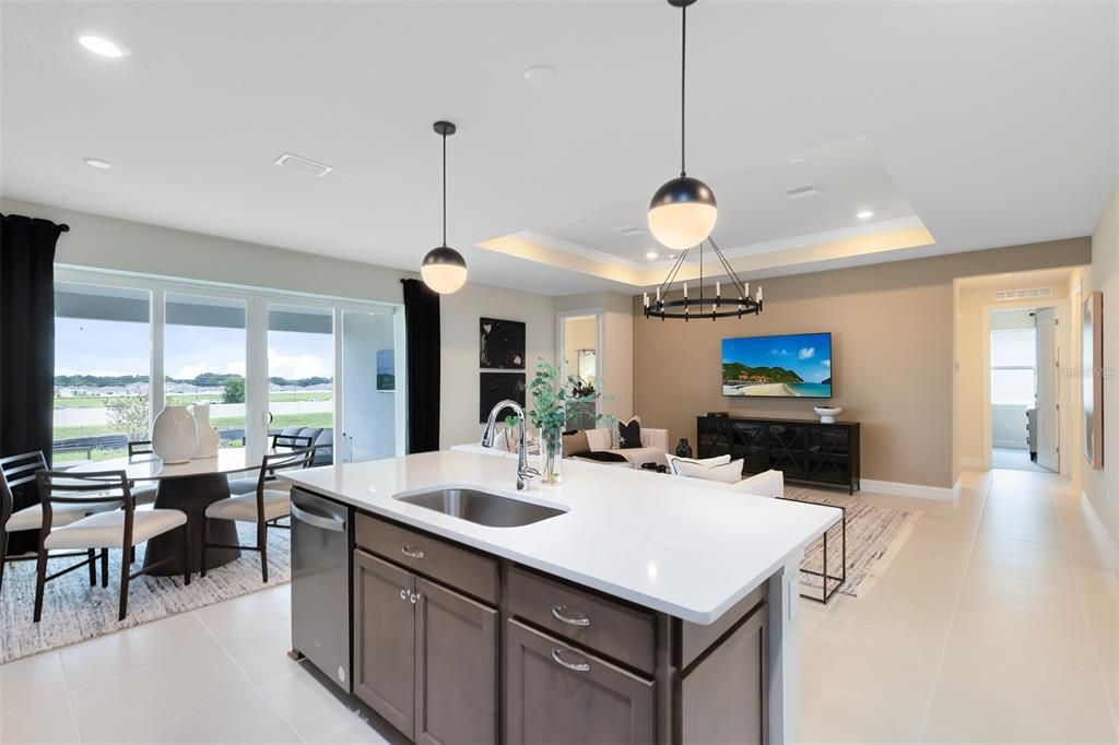 Dining room, Fireplace, Interior, Kitchen, Living room, Pendant Lights, Recessed Lighting, Water