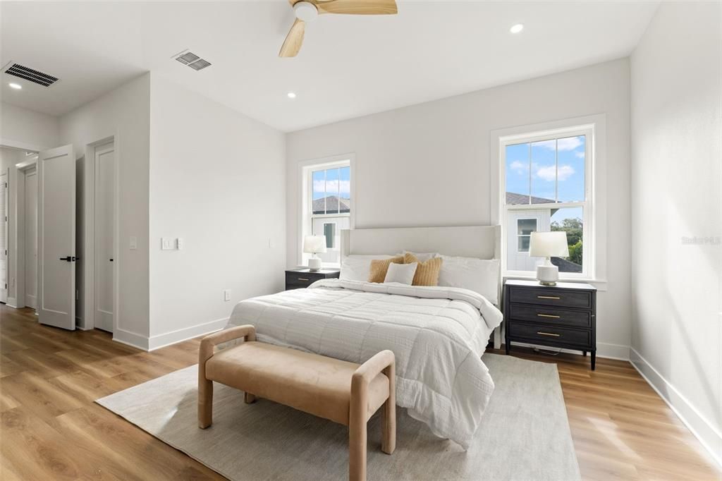 Bedroom, Interior, Recessed Lighting, Wood Texture Flooring